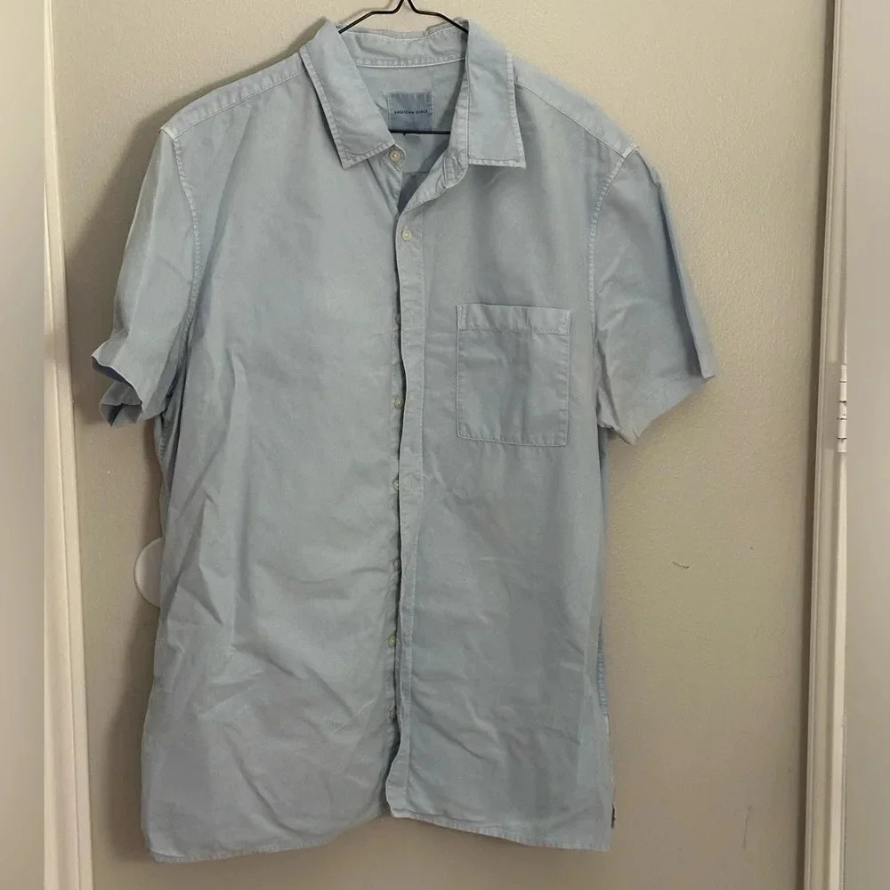 American Eagle Men‎ Blue Button Up Short Sleeve Shirt Size XLT.